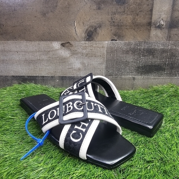 Christian Louboutin Black/White Logo Canvas and Leather Crossimule Flat Slides - Picture 1 of 11